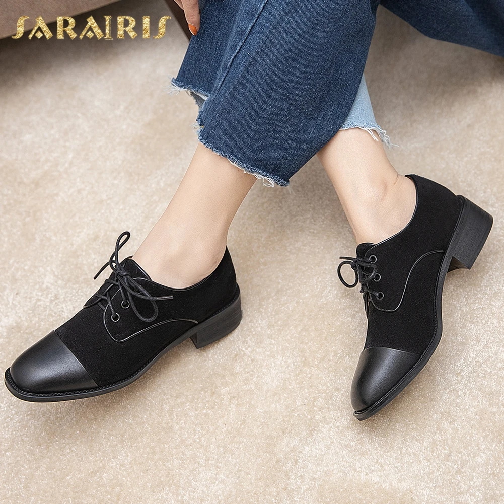 

Sarairis 2020 New Fashion Genuine Cow Leather British Style Shoes Woman Pumps Female Lace-Up Chunky Heels Spring Pumps Female
