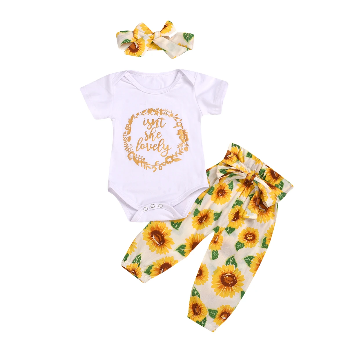 

3PCS Newborn Baby Girl 0-24Months Cotton Tops Romper Sunflower Pants Headband Summer Outfits Set Sunsuit