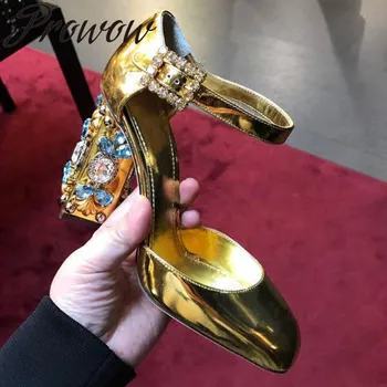 

Prowow New Gold Silver Metallic Leather Square Toe Summer Pumps Crystal Jewel Beading High Heeel Women Pumps Shoes Women
