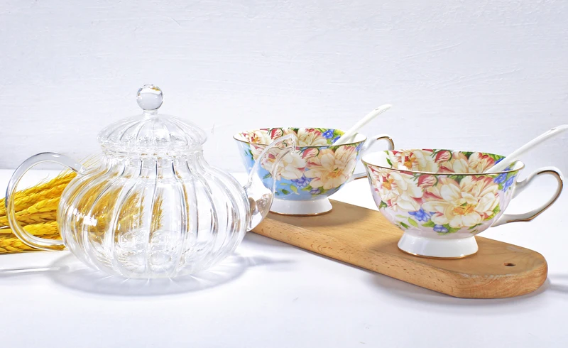 pot red blue cup Набор из 3 предметов, чайник из прозрачного стекла и чашки из костяного фарфора, кофейник с дизайном тыквы, чайный набор tazas, изящный чайный сервиз - Цвет: pot red blue cup