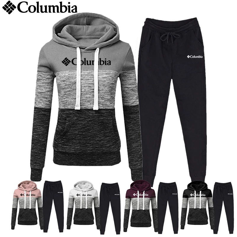

2020 Autumn And Winter Women's Three-Color Stitching Sweater Two-Piece Women's Clothing Hooded Sweater Fleece And Pants Suit