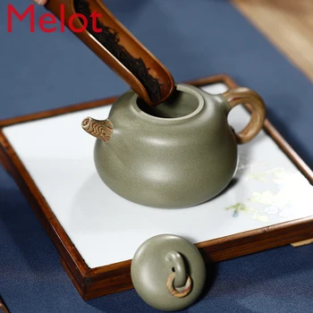 

Yixing Purple Sand Teapot, All Handmade, Famous Authentic Twisted Clay Fu Lu Teapot, Bean Green Sand Purple Sand Teapot