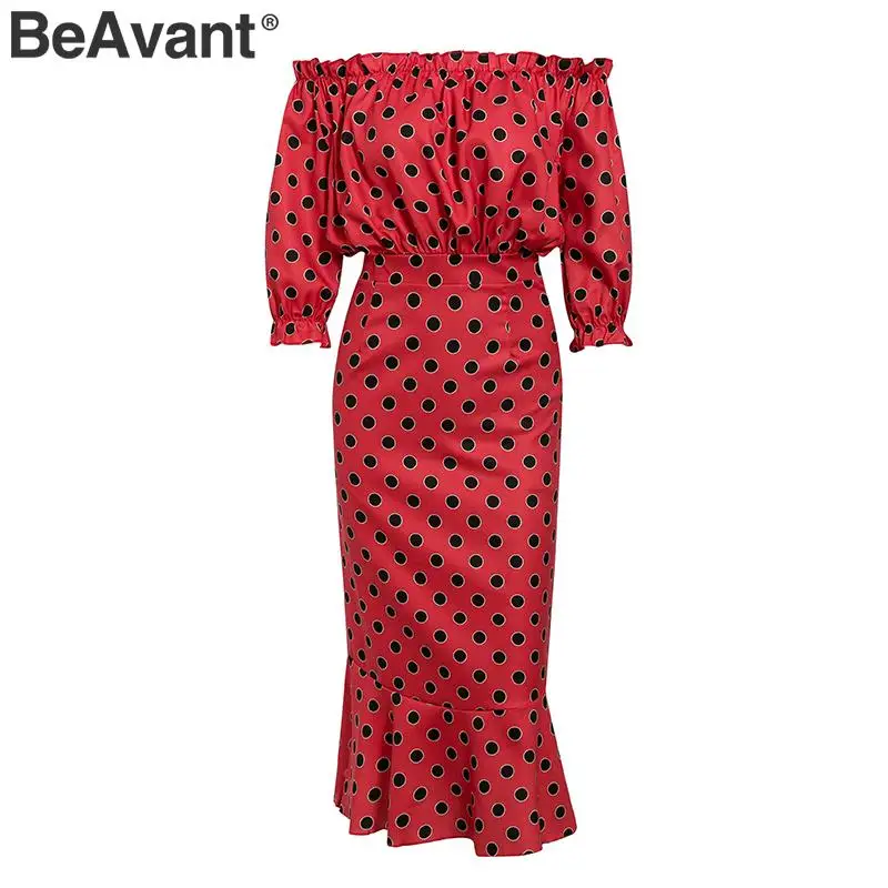 BeAvant сексуальное тонкое платье в горошек с открытыми плечами женское с высокой талией рукав-фонарик с оборками vestidos Осень Зима Повседневное платье