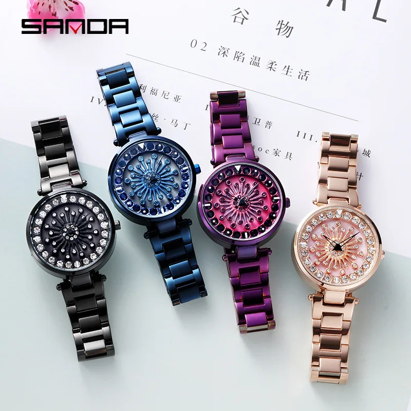 Роскошные женские часы с вращающимся цветком и циферблатом кварцевые алмазным