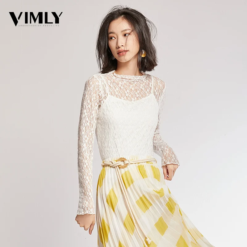  Vimly Women Sweet Lace Transparent Blouse Female Hollow Out Stylish Shirts Blusas Solid Sexy Ladies