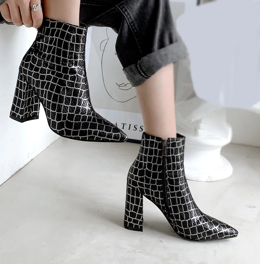 

2019 Newest Plaid Women Boots High Heel Pointed Toe Stone Pattern Ankle Boots Woman Zipper Casual Shoes Winter Boots Botas Mujer