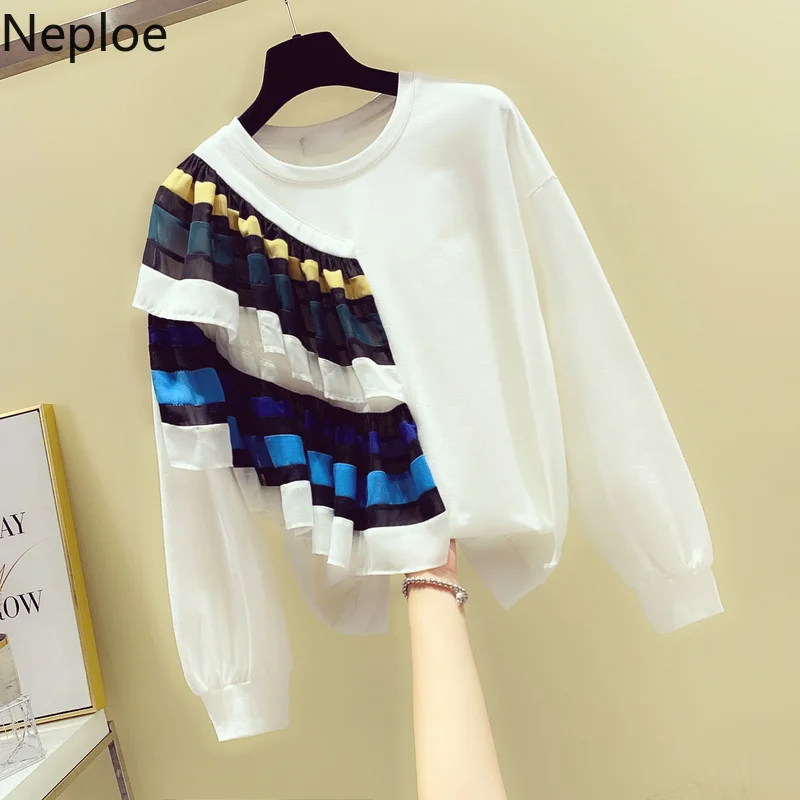 Neploe, Осень-зима, Harajuku, спортивный костюм для женщин, пуловер, худи, свободный женский полосатый свитер с оборками, Корейская одежда