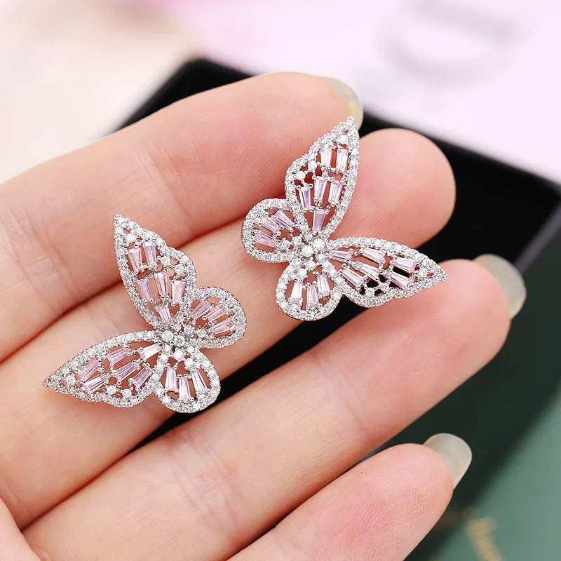 

small cute pink zircon butterfly luxury Korean stud earring for women
