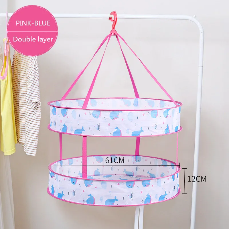 Pink Blue-2 Layer 1/2/3 Layer Clothes Drying Nets Foldable Drying Basket Windproof Hanging Laundry Dryer Mesh Drying Rack Net Sweaters Hange Socks - Color: Pink Blue-2 Layer