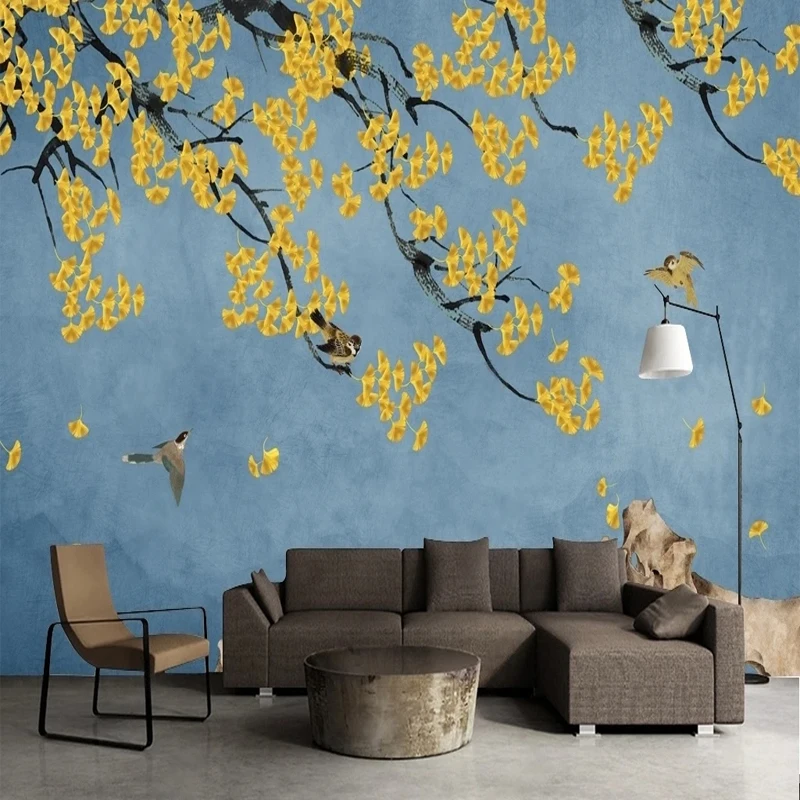 Custom Mural Chinese Style Oil Painting Ginkgo Tree Branches Flowers Photo Living Room TV Sofa Background Non-woven Wallpaper 3D