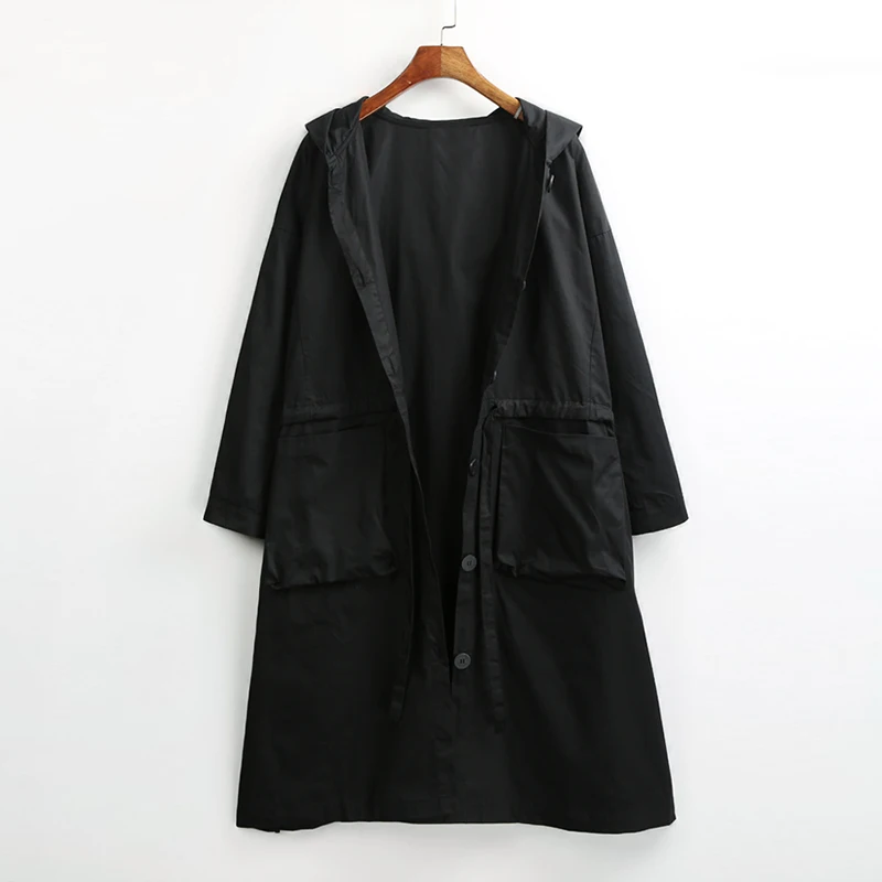 EaseHut, Женская винтажная негабаритная куртка, пальто с капюшоном, однобортное, с завязками на талии, свободное повседневное длинное пальто, осенняя верхняя одежда