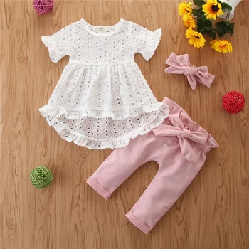 

2020 New Girl Suit Baby 1-4 Years Old Casual Short Flare Sleeved Shirt Solid Pink Flower Trousers Long Pants Two-piece Suit