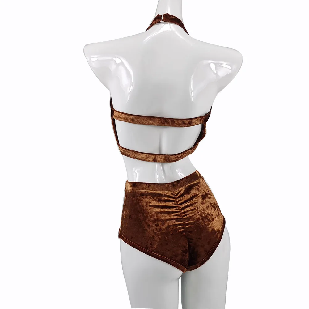 Hope&Win Newest Women's Pole Dance Clothing Velvet Asymetrical Crop Top Sexy Shorts Club Velvet Asymetrical Bottoms
