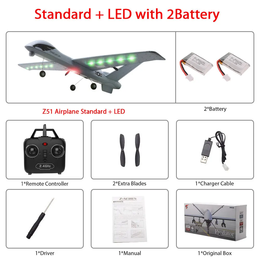 Z51-Led 2B color box Z51 Радиоуправляемый Дрон 2,4G 2CH Хищник пульт дистанционного управления RC самолет 660 мм размах крыльев Пена DIY сборка военный фиксированный крыло для детей - Цвет: Z51-Led 2B color box