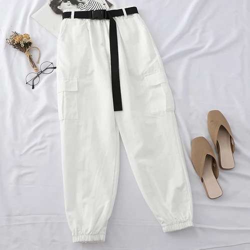 white pants Neploe Harajuku уличные брюки карго Женские повседневные джоггеры спортивные штаны с высокой талией свободные женские брюки корейский пояс - Color: white pants