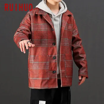 

RUIHUO Woollen Plaid Jacket Men Coat Clothes Streetwear Bomber Jacket Men Hip Hop Winter Coat Men Jacket 5XL 2019 Autumn New