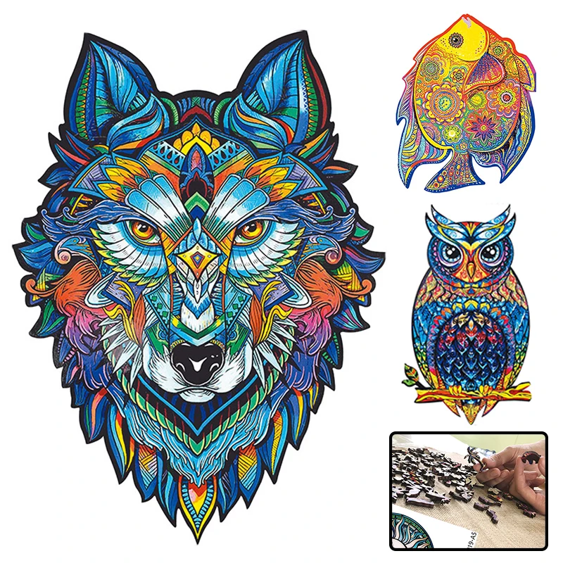 Rompecabezas de madera para niños y adultos, juegos de animales de juguete, dificultad, zorro, gato, León, Lobo, cada pieza es de dibujos animados