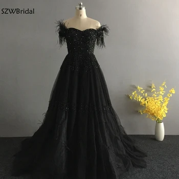 

New Arrival Black A-Line Muslim evening dress Party Feather beading Evening gowns Dubai Arabic Prom dresses 2020