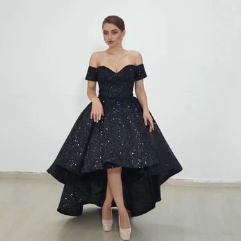 

Sparkly Black High Low Prom Dress 2021 Sexy Off Shoulder Formal Sequin Short Evening Party Gown Saudi Arbia Lady Gala Dress