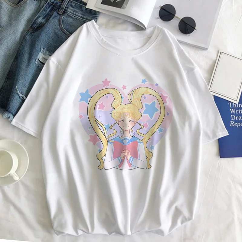 Sailor Moon Cat Футболка женская летняя Kawaii стильная одежда Harajuku футболка Ulzzang Повседневная футболка с коротким рукавом женская футболка