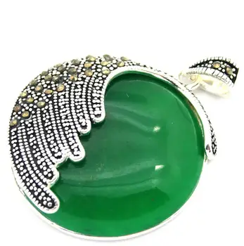 

Free Shipping 925 Sterling Silver Natural Green jade Round Marcasite Round Pendant 35MM