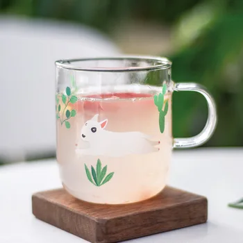 

Japanese Cute Cow Stem Glass Transparent Heat-resistant Coffee Mug with Handle 370ml Large Capacity Household Breakfast Milk Cup