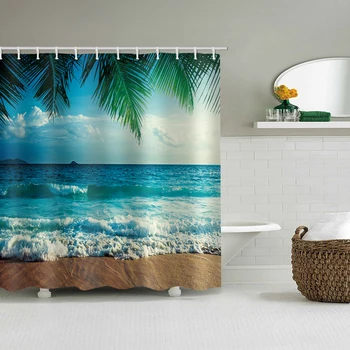 

Hanging 3D Printed Anti Splash Decoration Shower Curtain Bathroom Waterproof Polyester Home Toilet Beach Wave Soft Washable