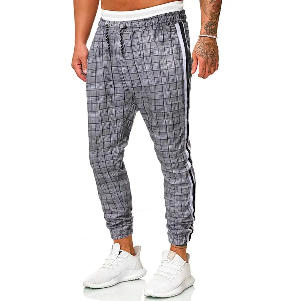 Men's Pants Long Casual Sport Pants Slim Fit Plaid Trousers Running Joggers Sweatpants Outdoor Male Straight Ankle-Length Pant - Цвет: C