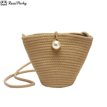 

Women Fashion New Bucket Woven Straw Bags Female Handmade Woven Shoulder Messenger Bags Ladies Summer Casual Rattan Beach Bag