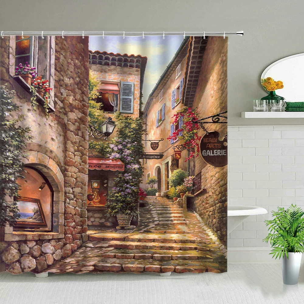 Flowers Spring Scenery Bathroom Set Shower Curtain Street Red Pink Flower Retro Design Garden Wall Decoration Hanging Curtains - Image 2