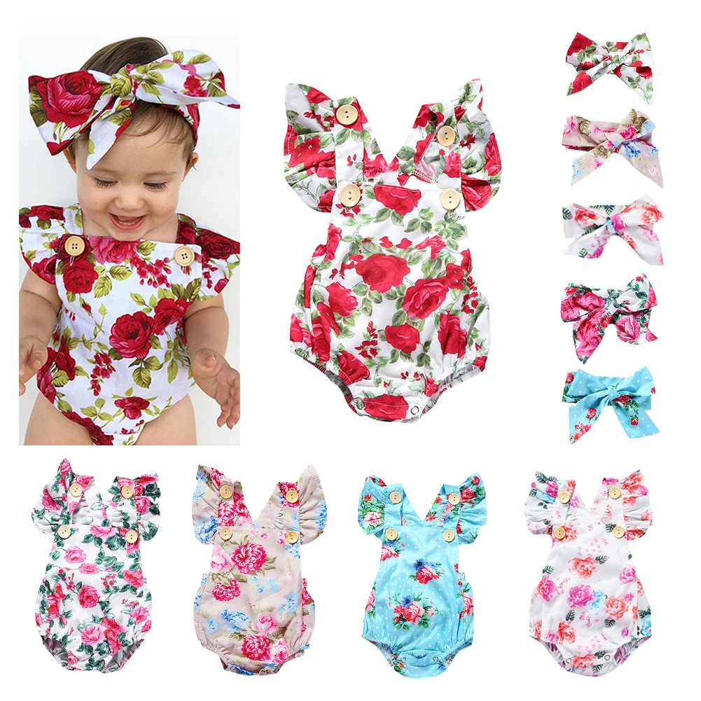 

Cute Floral Romper 2pcs Baby Girls Clothes Jumpsuit Summer Romper And Headband Infant Toddler Newborn Outfits Set