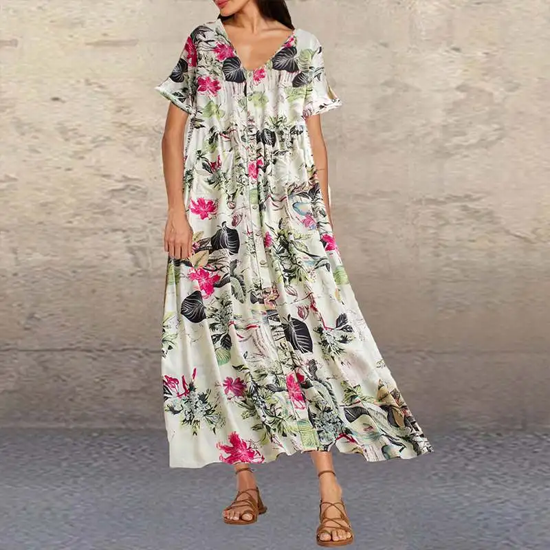 

Summer Sundress 2019 Women V Neck Floral Printed Long Dress Short Sleeve Casual Robe Femme Vintage Party Vestido Kaftan Dresses