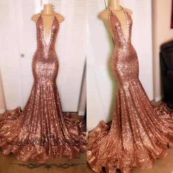 

Rose Gold Sequin Evening Dresses Bling Sexy Backless Mermaid Long African Black Girls 2K19 Prom Dress Evening Gowns 2019 Robe de