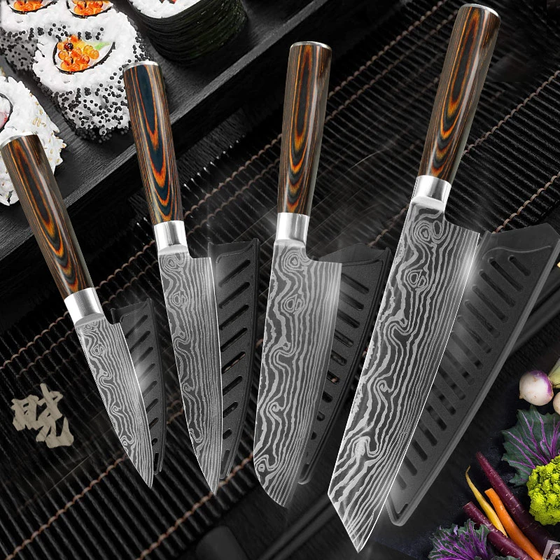 

Kitchen knife 7.5 inch Chef knives 7CR17 440C Japanese High Carbon Stainless Steel Imitation Damascus 5" Santoku Knife Tool Set