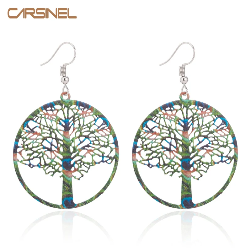 

CARSINEL Brand Fashion Silver color Drop Earrings Women Hollow Out Tree of Life Pattern Round Pendant Earring Jewelry Gift