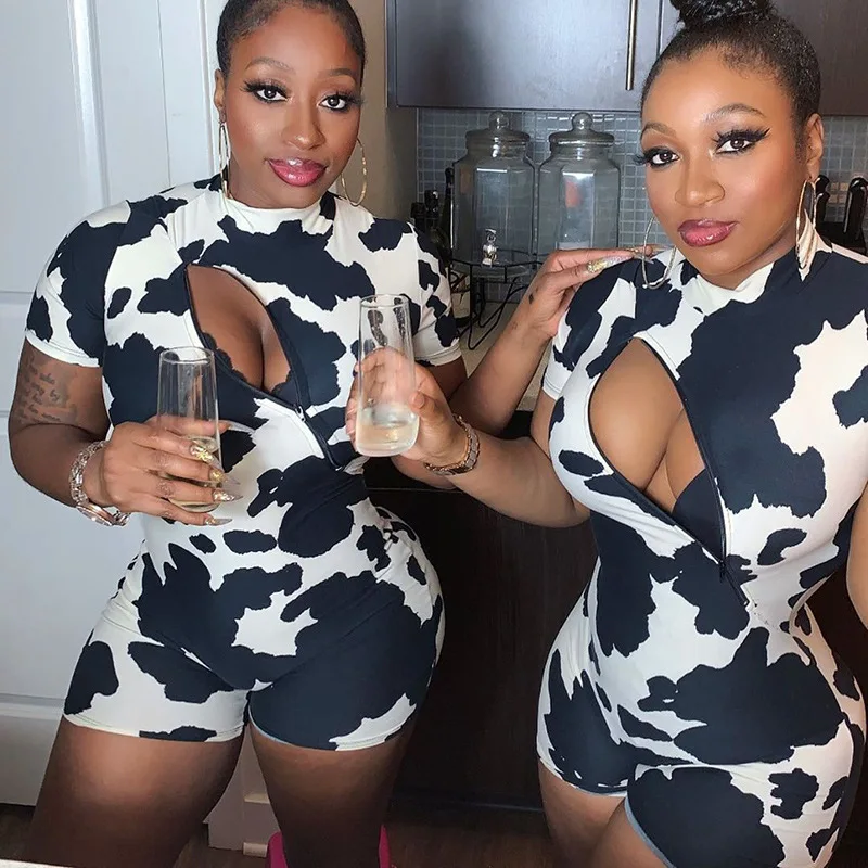 

Milk Cow Print Playsuit Sexy Hollow Out Breast Zipper Romper 2020 Summer Women Streetwear Short Sleeve Sportswear Outfits