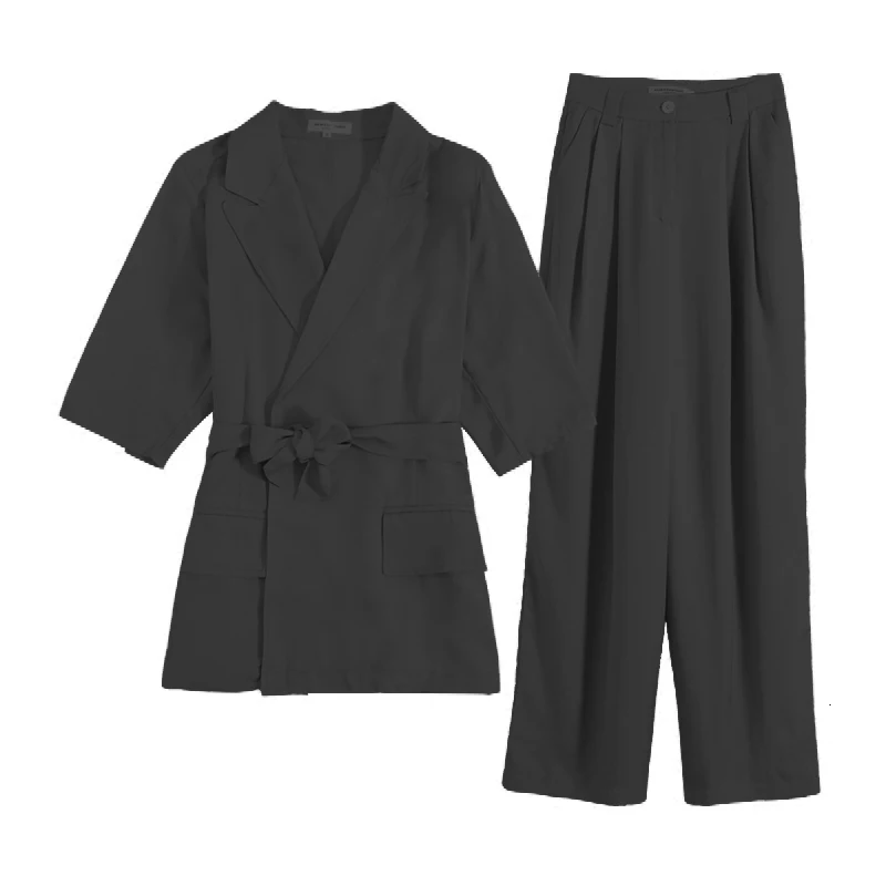 SHENGPALAE, новая весенняя Корейская одежда с рукавом три четверти и отложным воротником, открытая стежка с поясом и пуговицами, Женская одежда из двух частей FS248