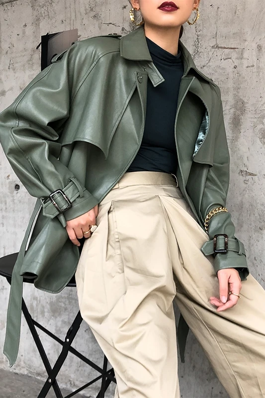 Yellow/Green PU Leather Jacket for Women Korean Moto Coat Faux Jacket with Belt jaquetas couro Casaco Jacket chaqueta SA471S30
