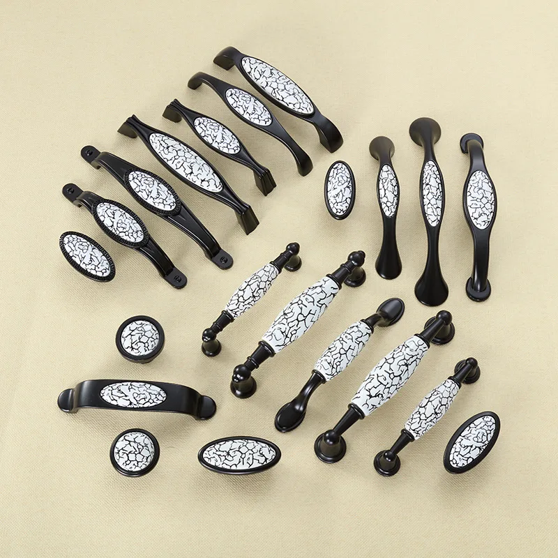 

4 Pcs/Lot Black Zinc Alloy Crack Ceramic Handle Modern Simple European Garden Furniture Drawer Cabinet Wardrobe Door