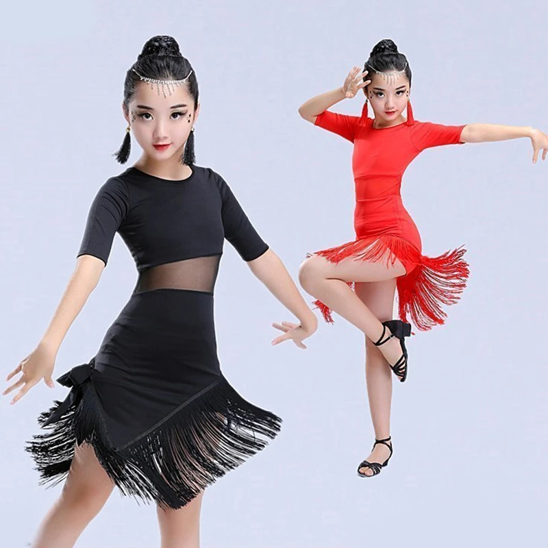 Vestido de baile latino para niños y niñas, ropa de baile latino con  flecos, disfraz de Salsa, vestidos de Tango de salón en negro y rojo,  nuevo|Latín| - AliExpress