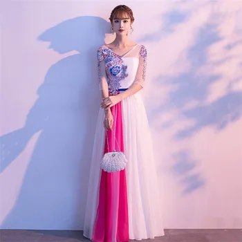 

Party Dress Women White Gradient Color Maxi Dresses 2019 New Chinese Style V Neck Elegant Slim Host Banquet Dance Vestidos CX261