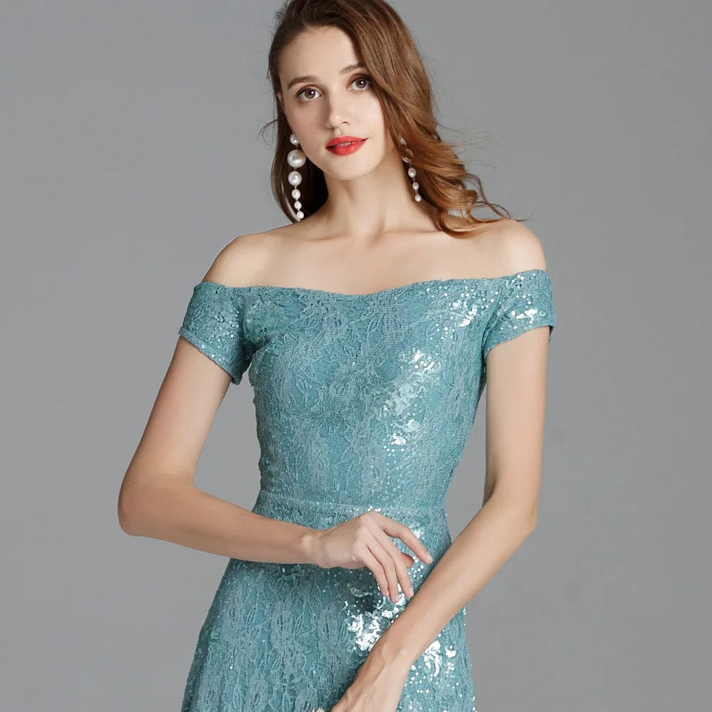 CK820 Autumn New Style off-Shoulder Embroidery Sequin Lace Slit Explicit Thin Long Annual General Meeting Evening Gown Support