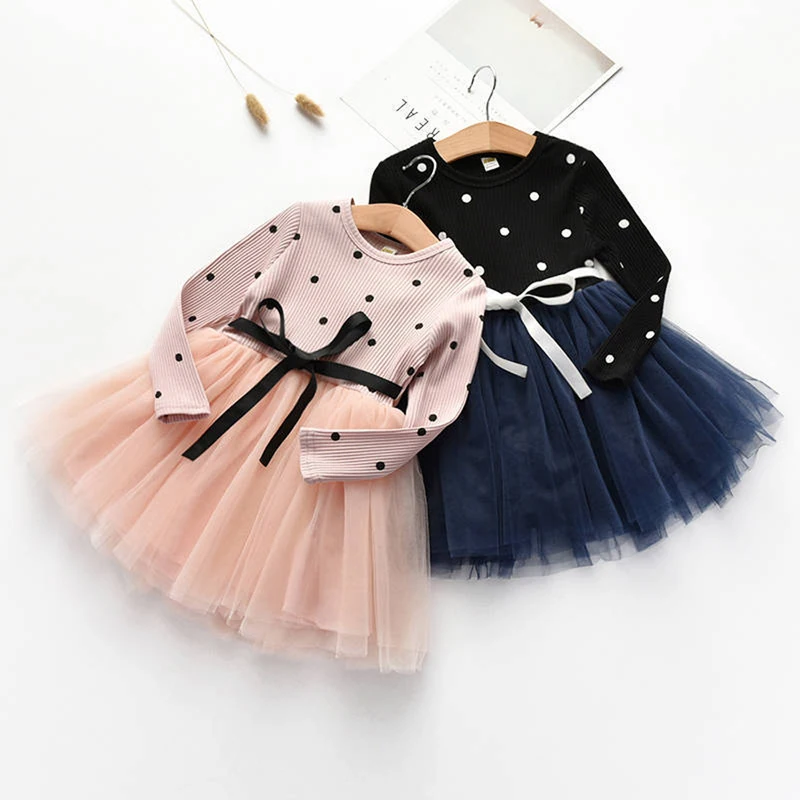 

Spring Autumn Girls Tutu Party Wedding Costumes Kids Pleated Clothes Mesh Dress Children Knitting Dot Princess Bow Tulle Dresses