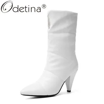 

Odetina New Fashion Women Spike High Heels Slip On Mid Calf Boots Pointed Toe Autumn Winter Warm Ladies Dress Shoes Plus Size 43