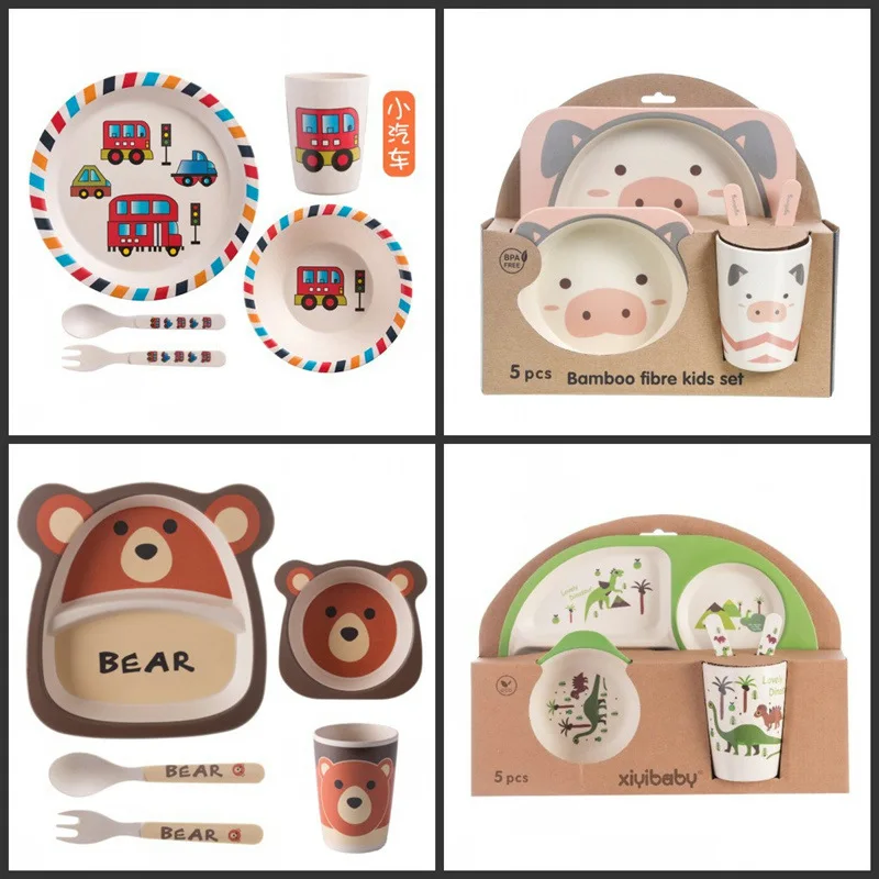 

Baby Bamboo Bowl+Spoon+Fork Feeding Food Tableware Set Cartoon Aniaml Kid Dishes Bamboo Feeding Bowl Dinner PlateWXY001