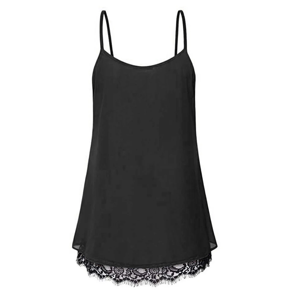 Lace Edge Ladies Pleated Travel Party Summer Dating Daily Loose Crew Neck Casual Women Vest Chiffon Spaghetti Strap