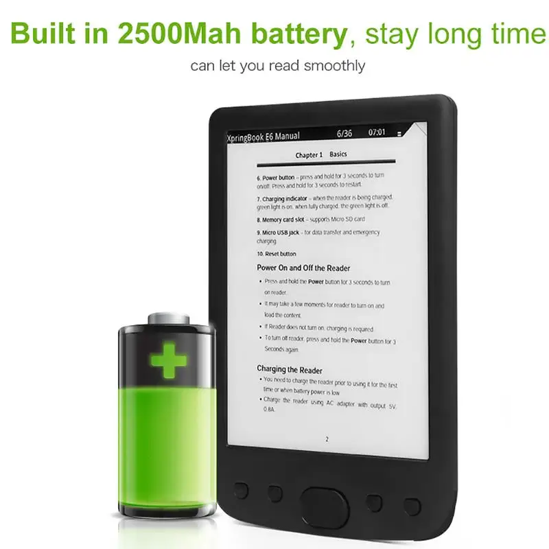 6 inch E-Ink Ebook Reader Resolution 800x600 Smart E-reader Built-in Front Light Electronic Book 8GB Memory Digital E-book