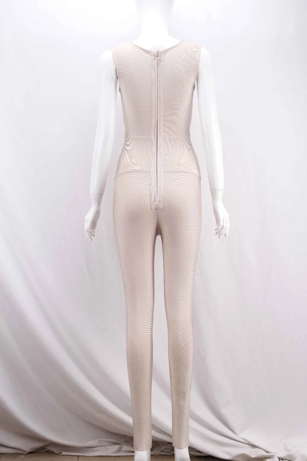Fashion Beige Sleeveless Bandage Jumpsuit V Neck Hollow Out Solid Bodycon Sexy Women Summer Elegant Celebrity Party Club
