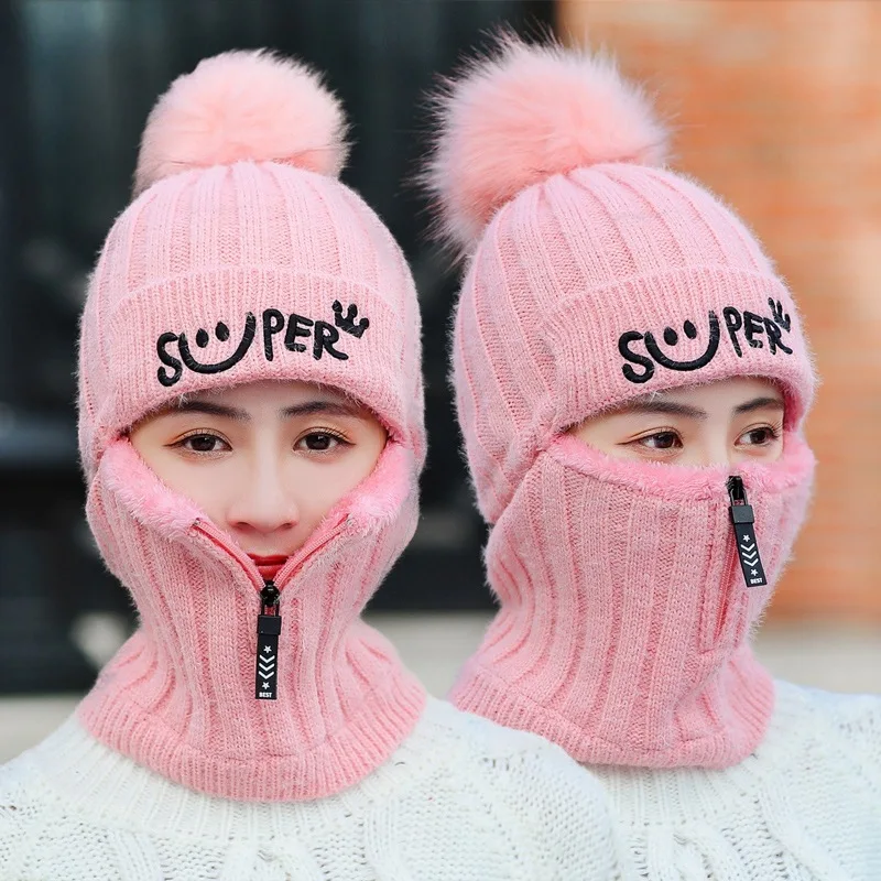 Осенне-зимняя женская шапка Gorros Mujer Invierno вязанная плюс бархатная теплая защита ушей ветрозащитные шляпы шапочка для женщин Hiver - Цвет: style1-pink