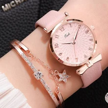 Bracelet montre à Quartz en cuir pour femmes, ensemble de fleurs, ensemble 2 pièces, cadeau, décontracté